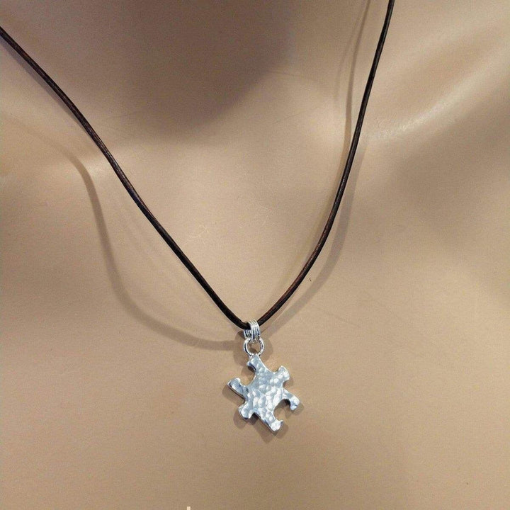 AMD1088 Sterling Silver Autism Awareness Puzzle Piece Leather Necklace - Necklace - Alexa Martha Designs   1174394306607