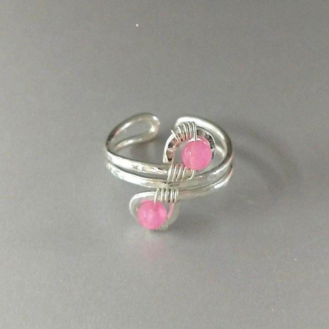 AMD1118-2 Adjustable Size 7.5-8.0 Wire Wrapped Sterling Silver Pink Jade Adjustable Finger Toe Ring - Ring - Alexa Martha Designs   10636917188