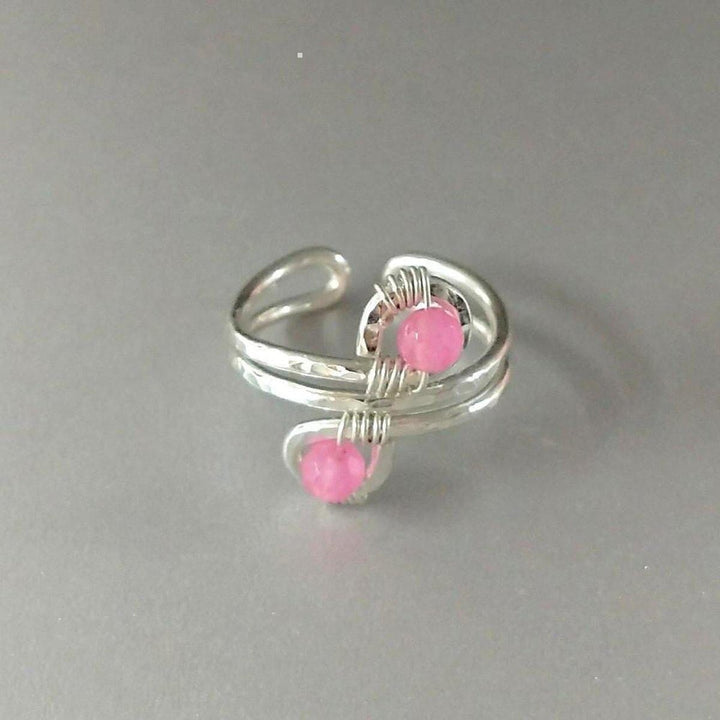 AMD1118-2 Adjustable Size 7.5-8.0 Wire Wrapped Sterling Silver Pink Jade Adjustable Finger Toe Ring - Ring - Alexa Martha Designs   10636917188