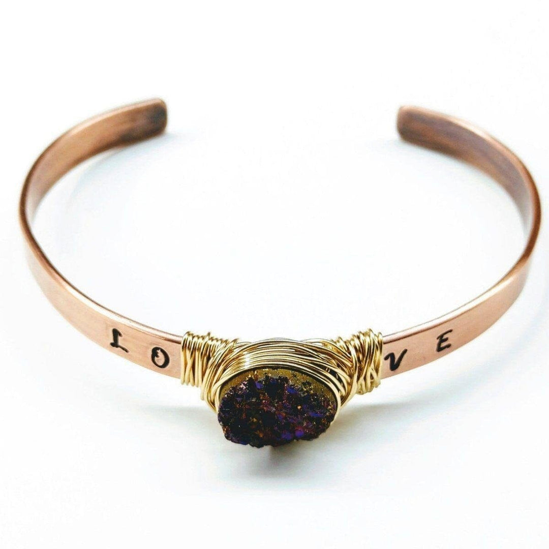 AMD1142 LOVE Stamped Gold Wire Wrapped Purple Druzy Copper Cuff - Bracelet - Alexa Martha Designs   12005746628