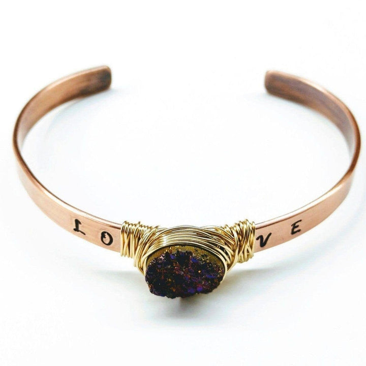 AMD1142 LOVE Stamped Gold Wire Wrapped Purple Druzy Copper Cuff - Bracelet - Alexa Martha Designs   12005746628