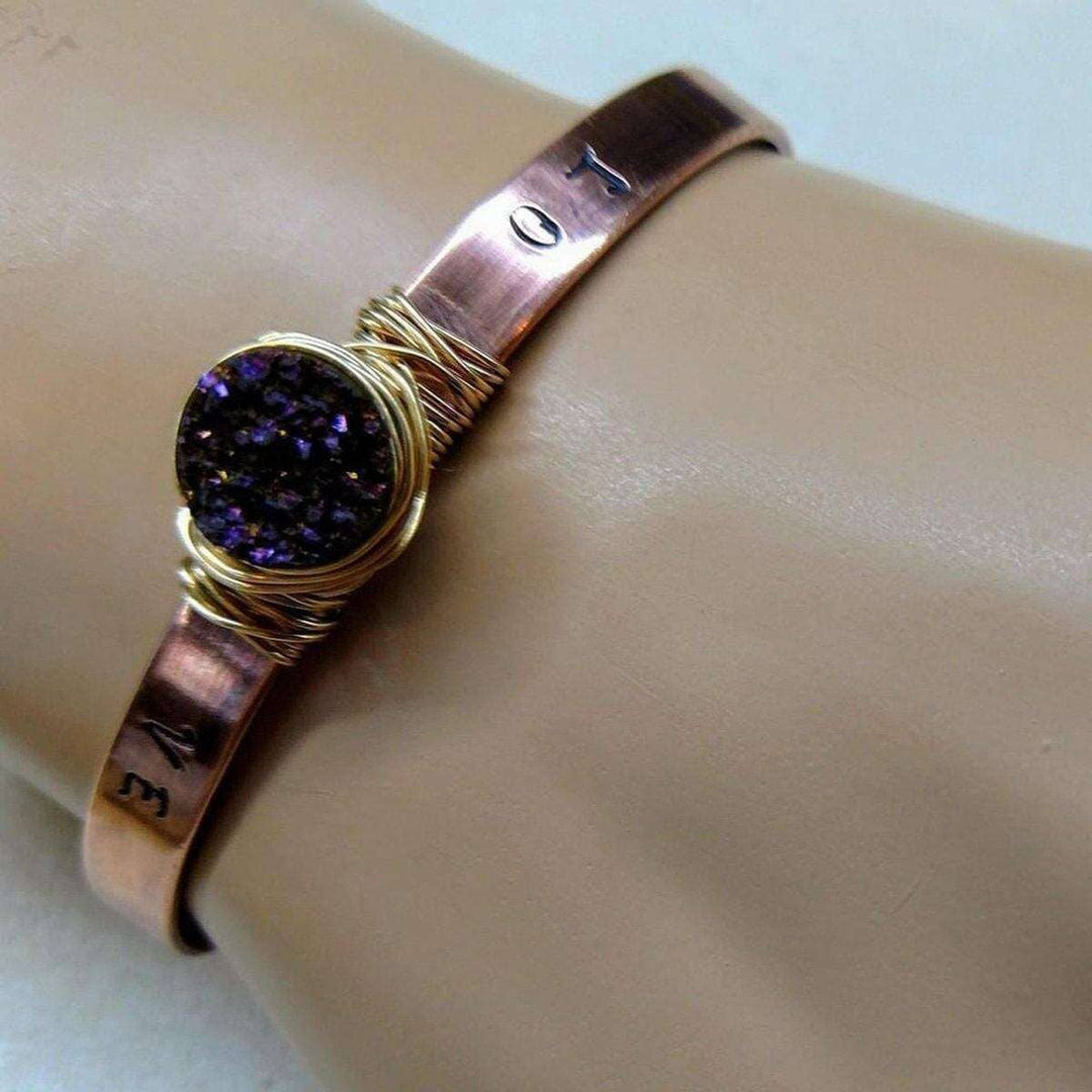AMD1142 LOVE Stamped Gold Wire Wrapped Purple Druzy Copper Cuff - Bracelet - Alexa Martha Designs   12005746628