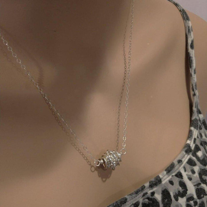 AMD1143 Sterling Silver Spiral Cage Crystal Pave Ball Necklace - Necklaces - Alexa Martha Designs   10099117252