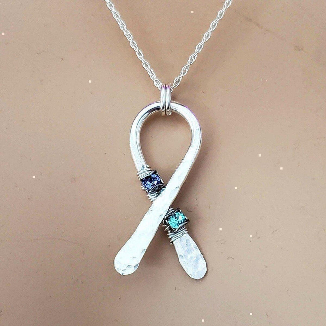 AMD1146 Silver Suicide Prevention Awareness Ribbon Necklace with Purple and Teal Crystals - Necklace - Alexa Martha Designs   9726141060