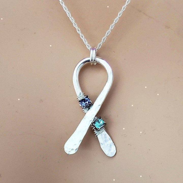 AMD1146 Silver Suicide Prevention Awareness Ribbon Necklace with Purple and Teal Crystals - Necklace - Alexa Martha Designs   9726141060