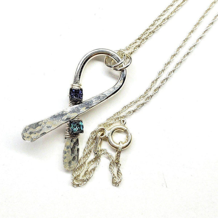 AMD1146 Silver Suicide Prevention Awareness Ribbon Necklace with Purple and Teal Crystals - Necklace - Alexa Martha Designs   9726141060