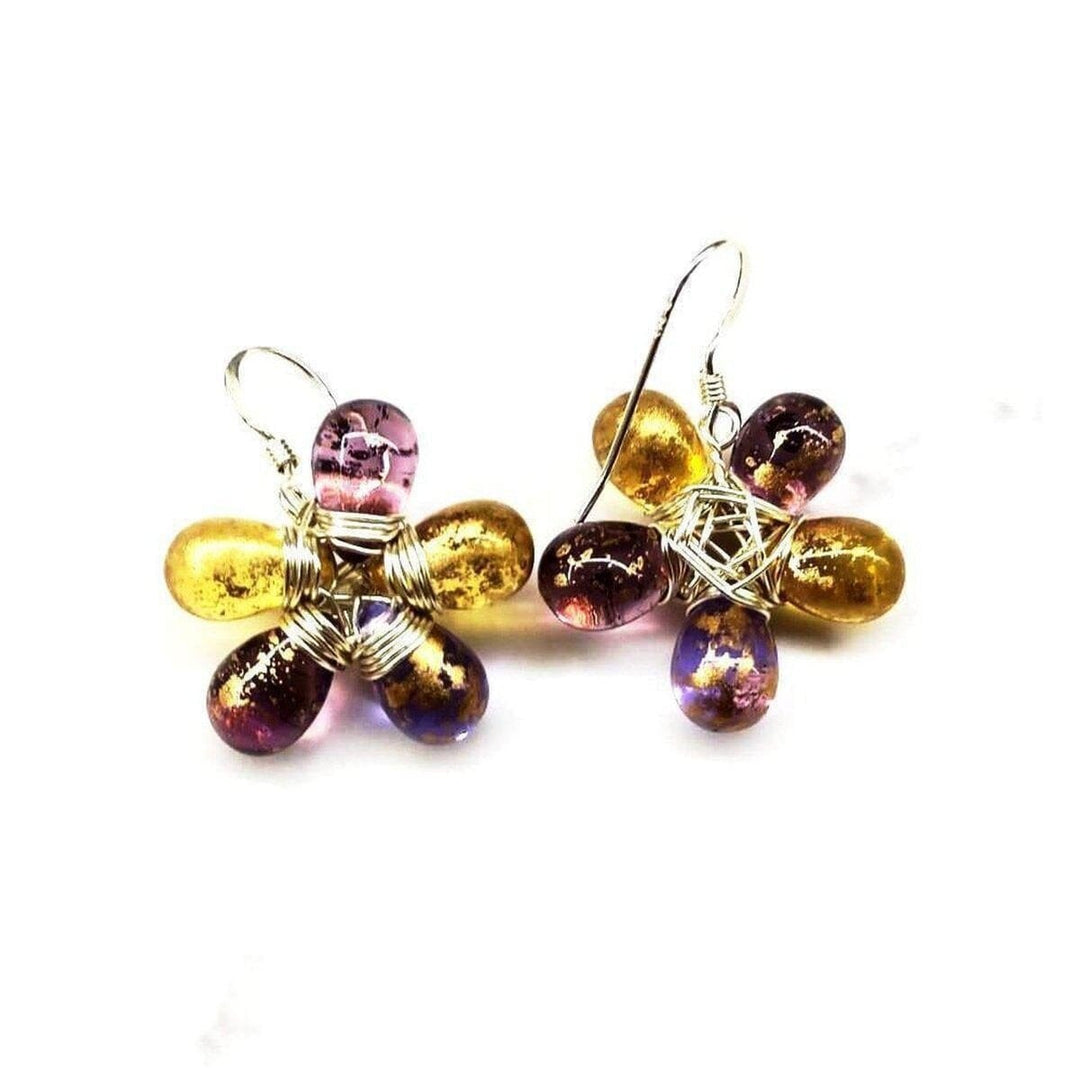 Purple and Yellow Flower Sterling Silver Earrings - Earrings - Alexa Martha Designs   