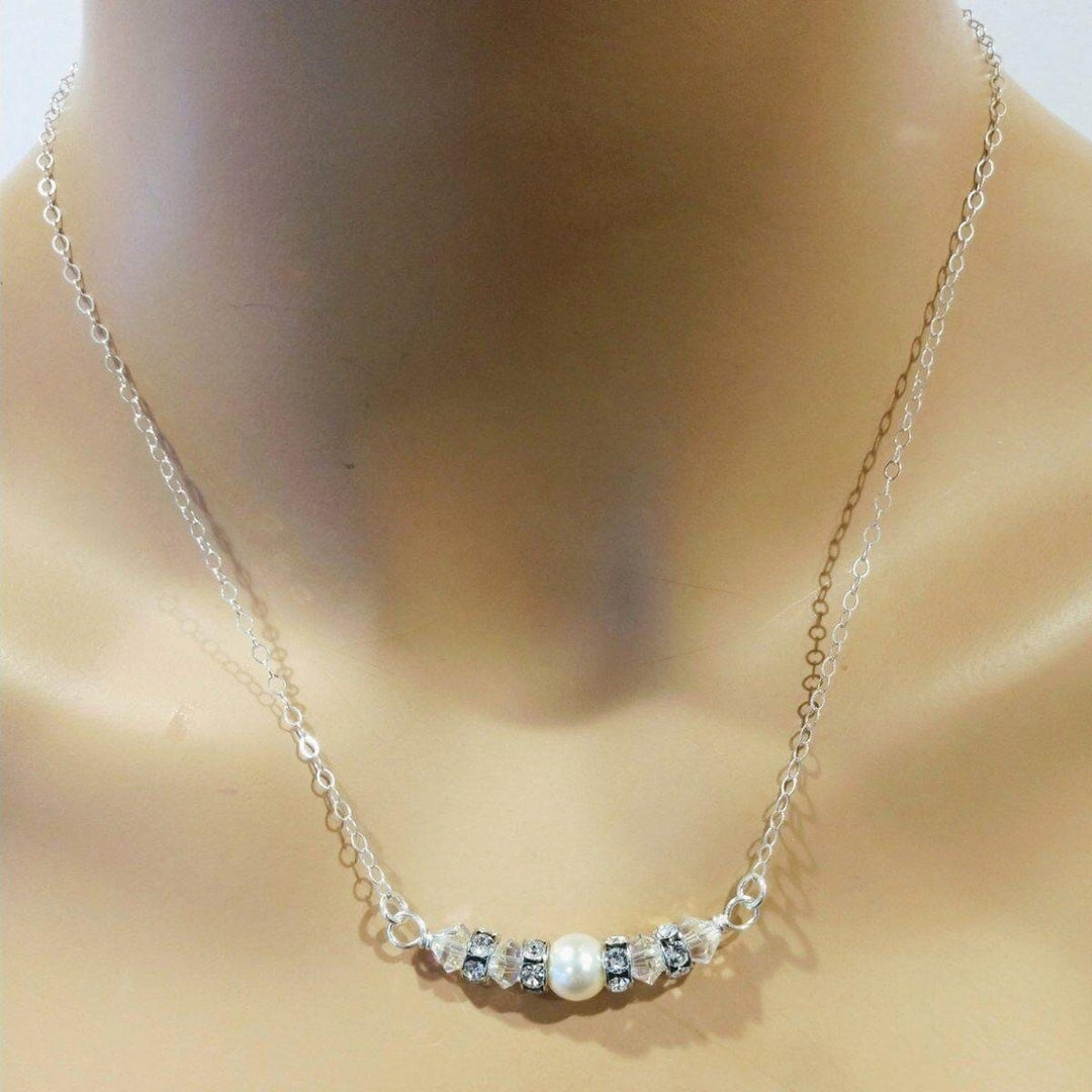 AMD1163 Silver Swarovski Crystal Pearl Bar Bridal Necklace - Necklace - Alexa Martha Designs   6230363204