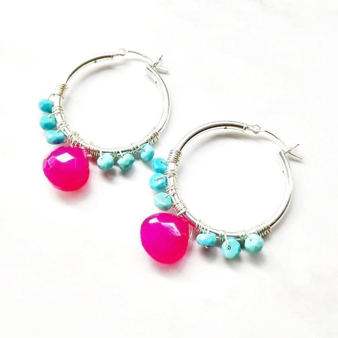AMD1168 Pink and Sleeping Beauty Turquoise Silver Wire Wrap Hoop Earrings - Earrings - Alexa Martha Designs   960414679087