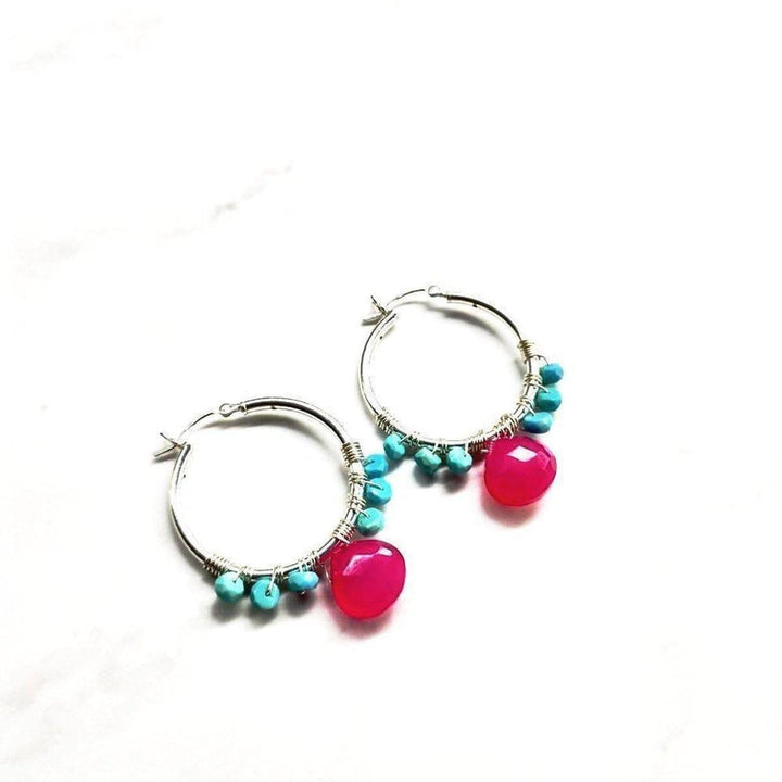 AMD1168 Pink and Sleeping Beauty Turquoise Silver Wire Wrap Hoop Earrings - Earrings - Alexa Martha Designs   960414679087