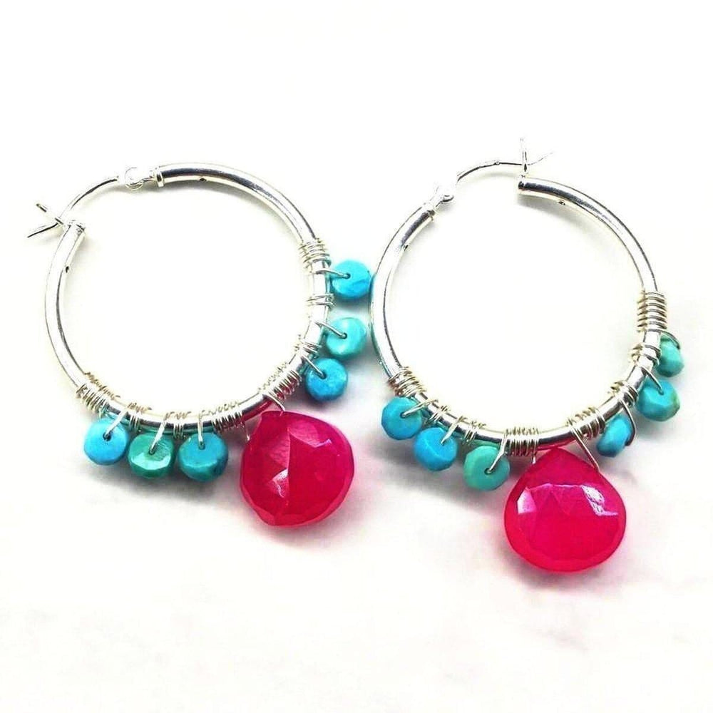 AMD1168 Pink and Sleeping Beauty Turquoise Silver Wire Wrap Hoop Earrings - Earrings - Alexa Martha Designs   960414679087