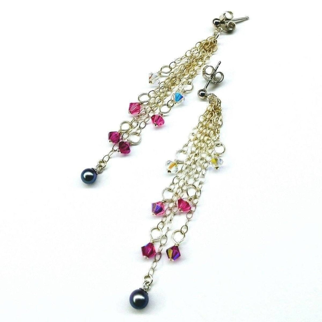 AMD1188 Long Sterling Silver Crystal  Pearl Tassel Earrings - Earrings - Alexa Martha Designs   1029551947823