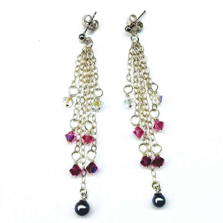 AMD1188 Long Sterling Silver Crystal  Pearl Tassel Earrings - Earrings - Alexa Martha Designs   1029551947823