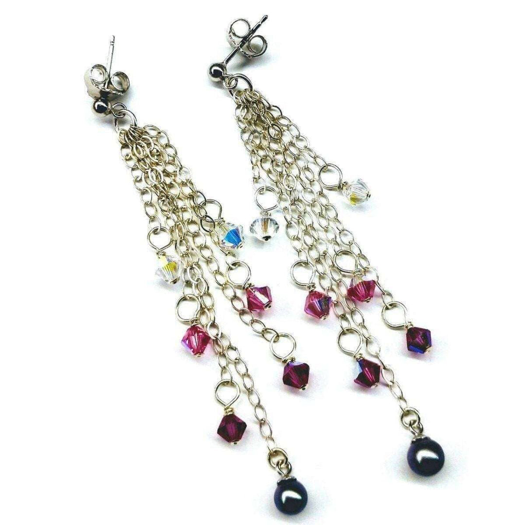 AMD1188 Long Sterling Silver Crystal  Pearl Tassel Earrings - Earrings - Alexa Martha Designs   1029551947823
