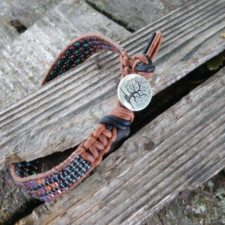 AMD1190-AMD1190-2 X-Large Men's Leather Intricate Bead Work Tree Of Life Button Bracelet - Bracelet - Alexa Martha Designs   985877938223