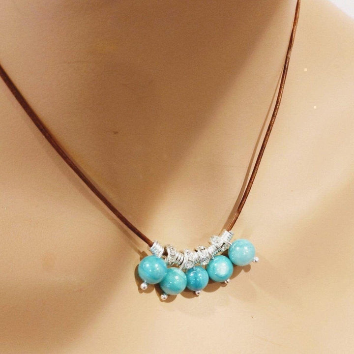 AMD1195 Silver Green Blue Shell Bead Charm Leather Necklace - Necklace - Alexa Martha Designs   1018710229039