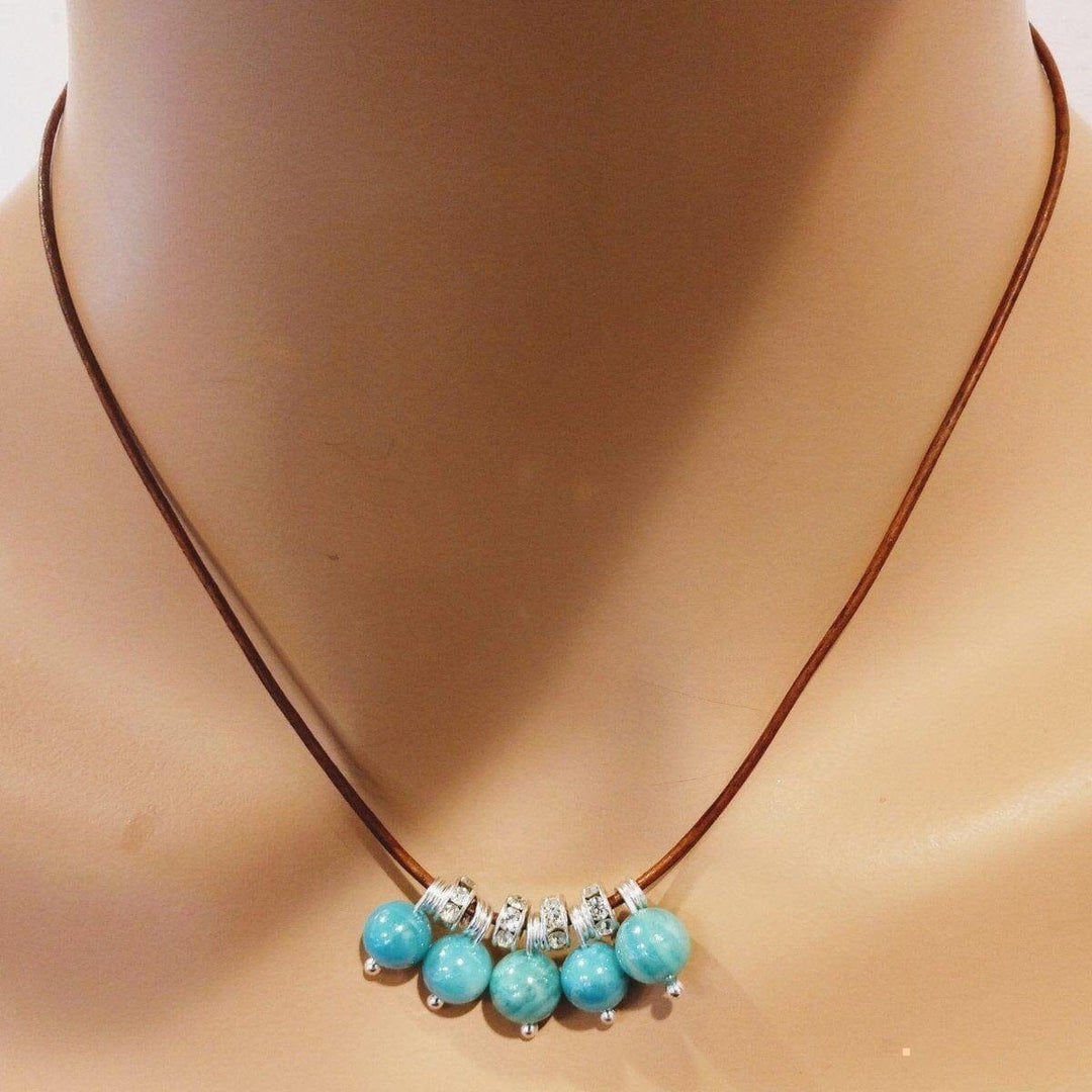 AMD1195 Silver Green Blue Shell Bead Charm Leather Necklace - Necklace - Alexa Martha Designs   1018710229039