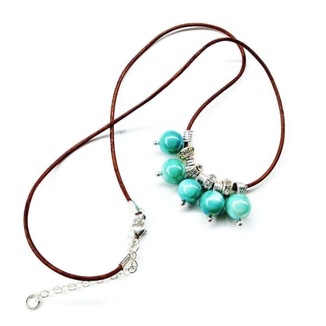 AMD1195 Silver Green Blue Shell Bead Charm Leather Necklace - Necklace - Alexa Martha Designs   1018710229039