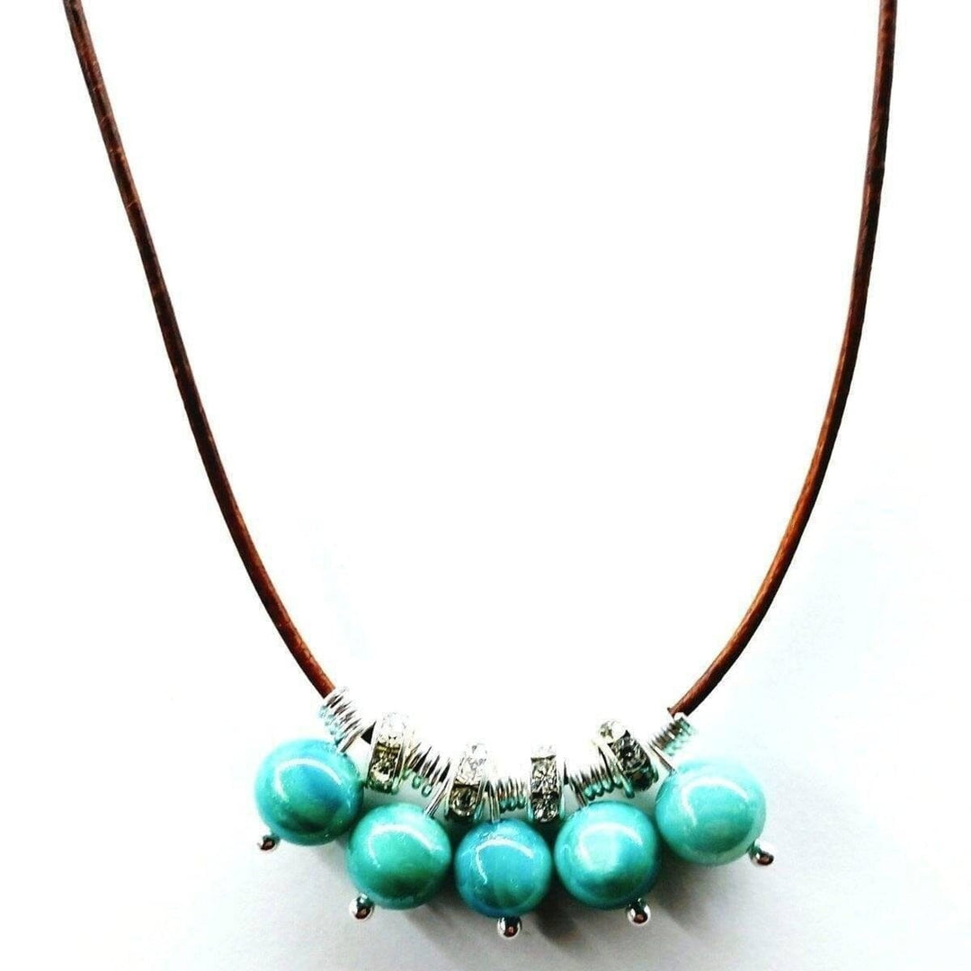 AMD1195 Silver Green Blue Shell Bead Charm Leather Necklace - Necklace - Alexa Martha Designs   1018710229039