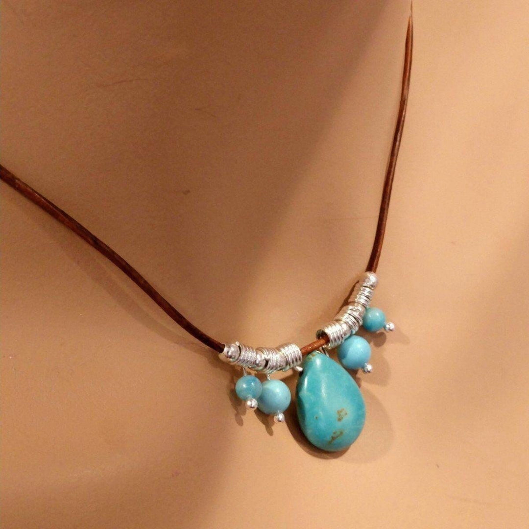 AMD1196 Silver Turquoise Drop Bead Charm Leather Necklace - Necklace - Alexa Martha Designs   1019352940591