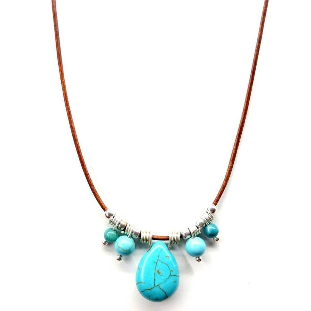 AMD1196 Silver Turquoise Drop Bead Charm Leather Necklace - Necklace - Alexa Martha Designs   1019352940591