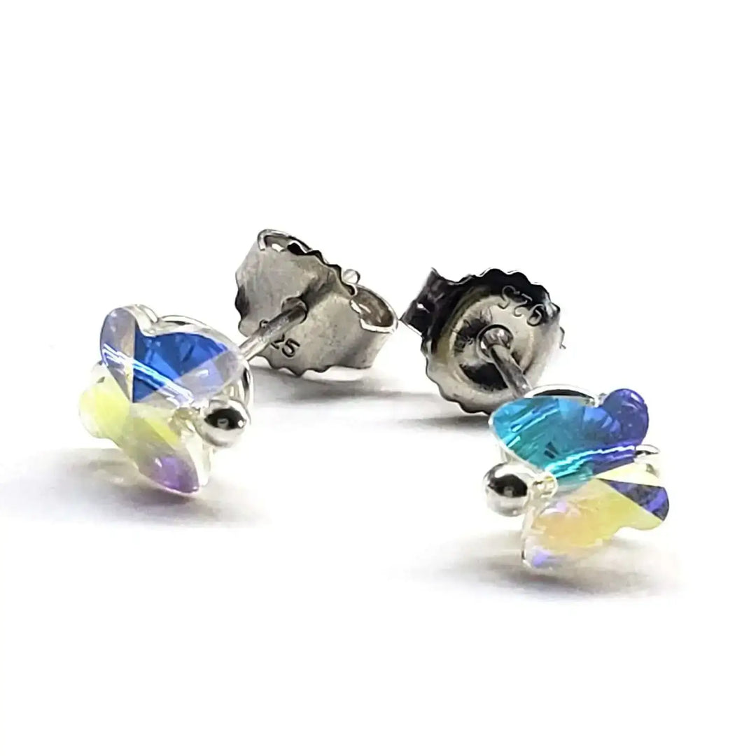 a pair of sterling silver crystal butterfly studs on white background