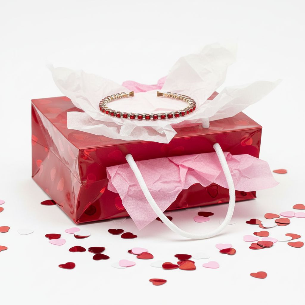 Red Crystal Bangles Are This Season's Power Move displayed in a red gift box with heart-shaped confetti.