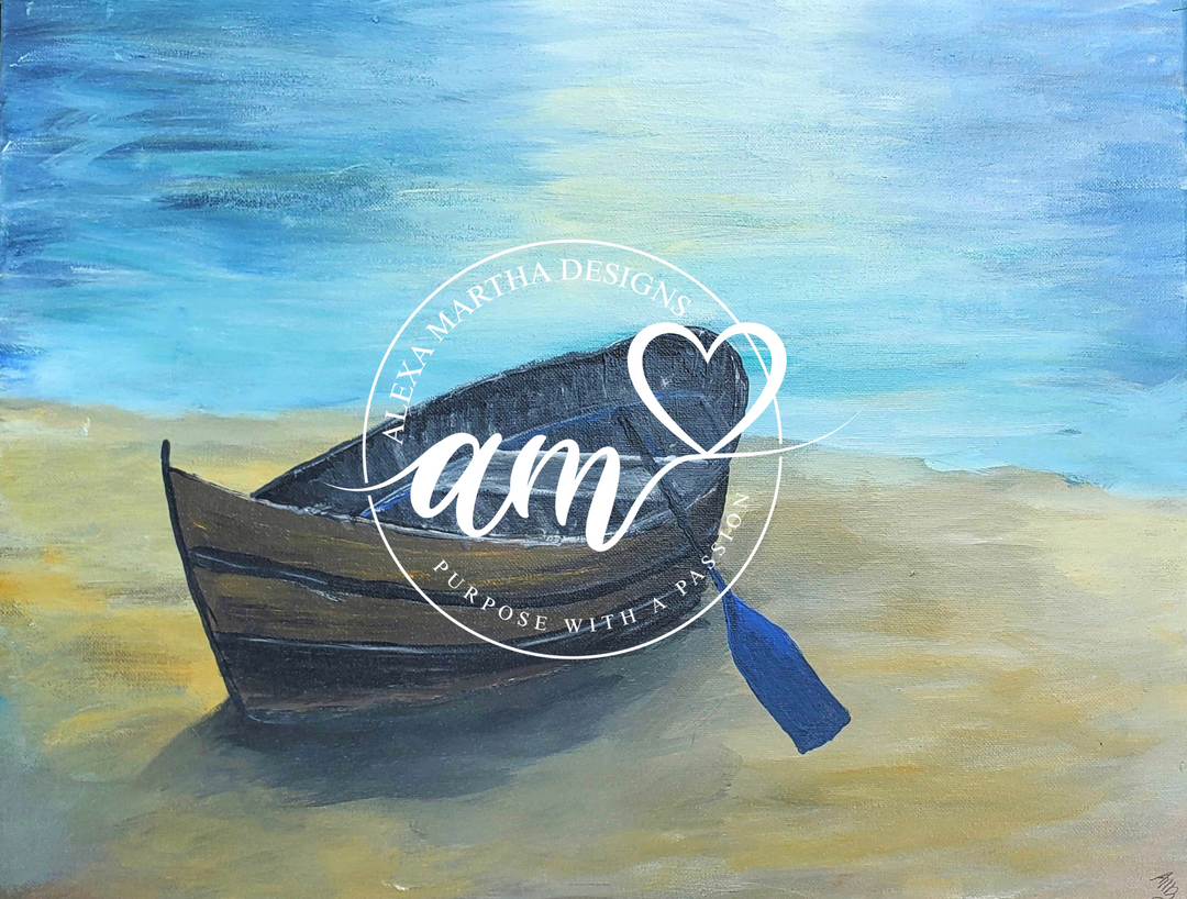 Emotional Acrylic painting of sun going down over a lake with boat on the lake. - Alexa Martha Designs
