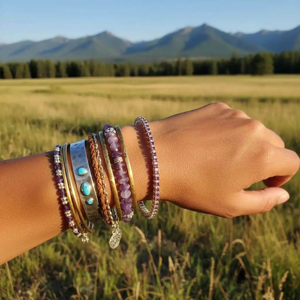 Bohemian Style jewelry bracelets worn on a hand against a scenic mountain backdrop in a field.