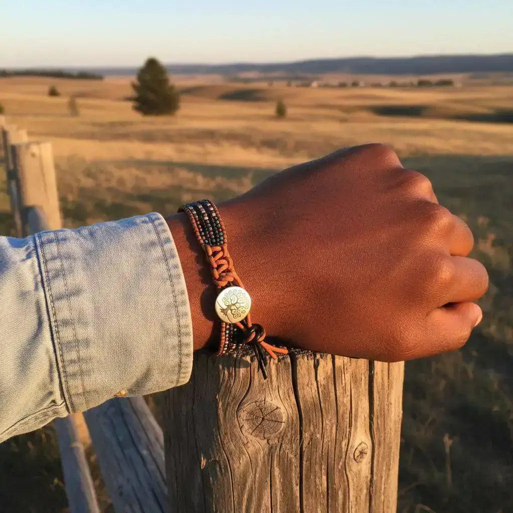 Handmade jewelry for men, featuring a rugged bracelet with leather and silver details, worn on a hand against a scenic landscape.