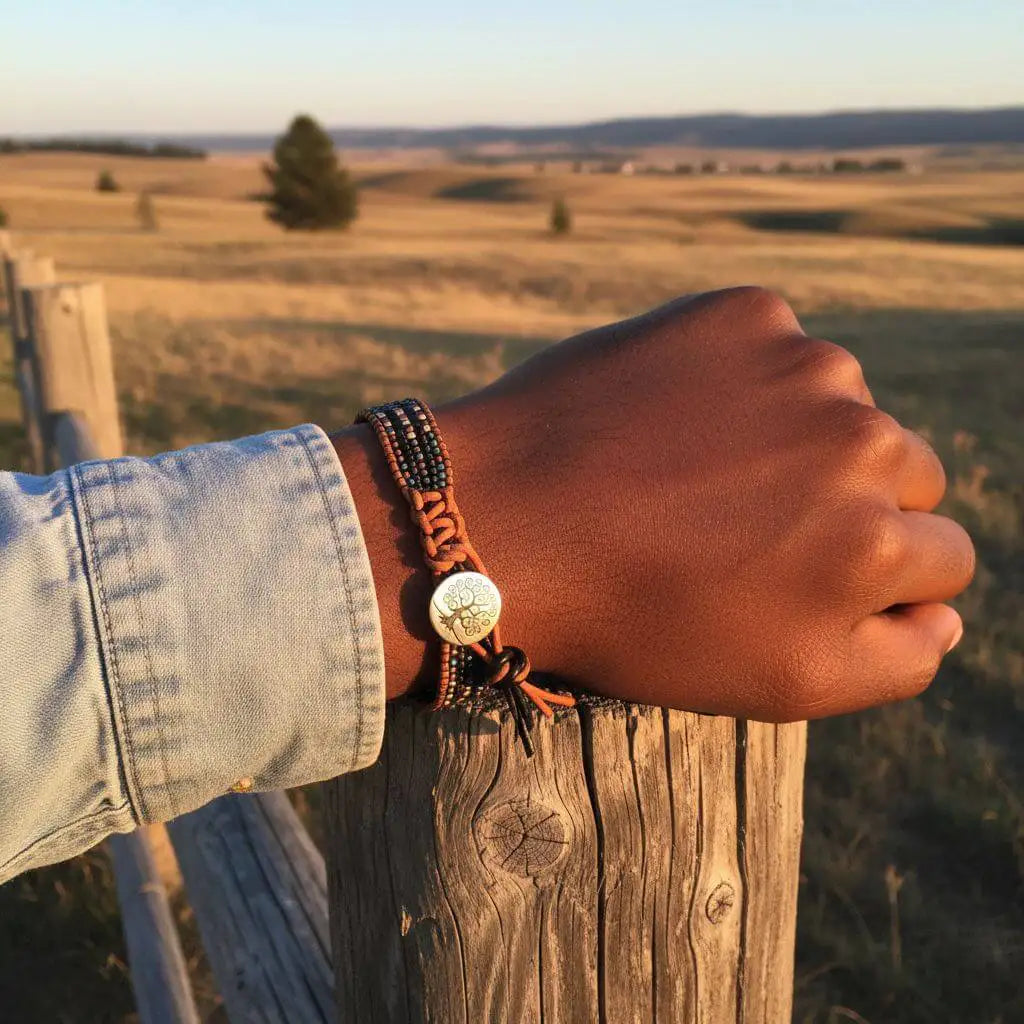 Handmade jewelry for men, featuring a rugged bracelet with leather and silver details, worn on a hand against a scenic landscape.