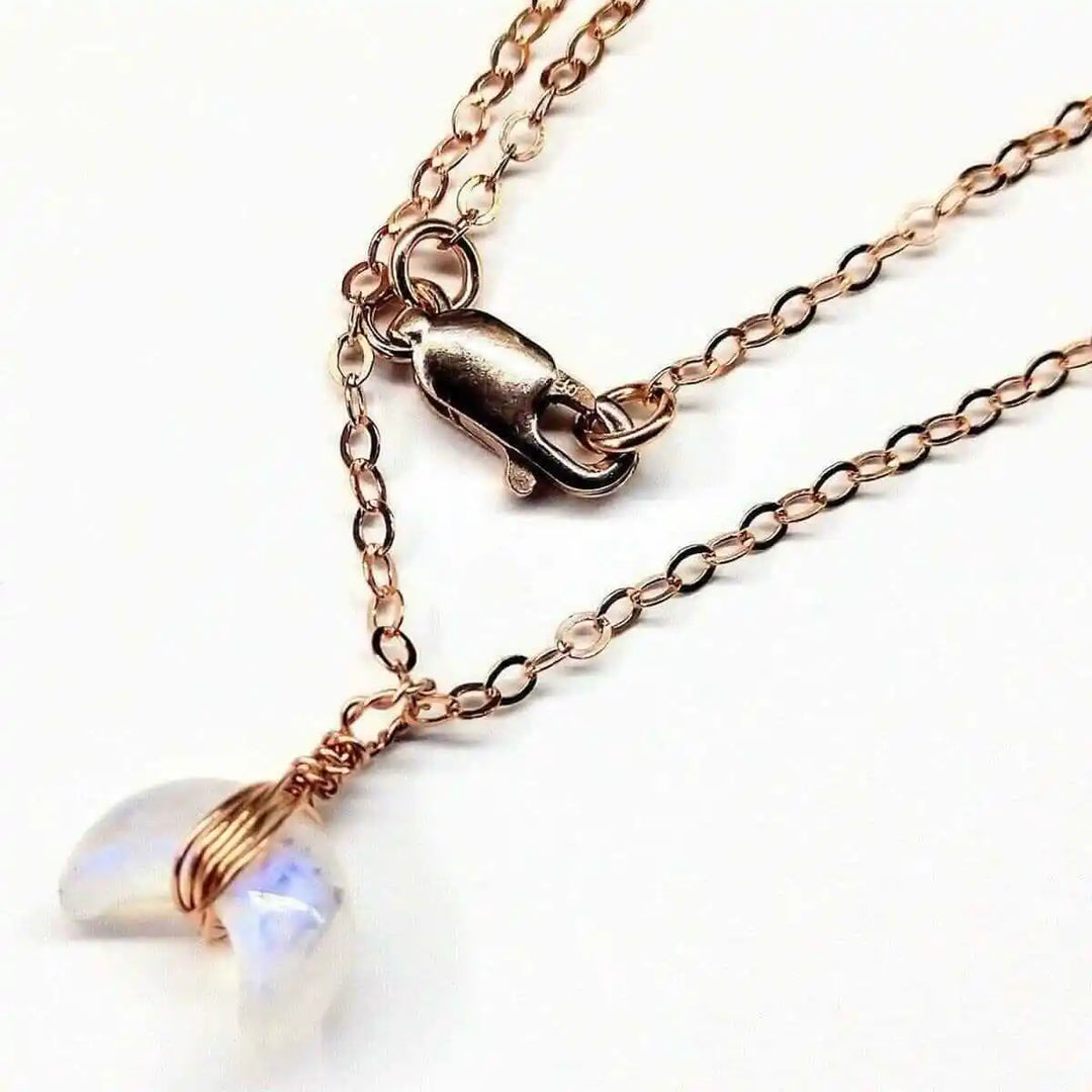 Handmade Rose Gold Filled Jewelry featuring a double chain necklace with earthy tones and stylish crystals.