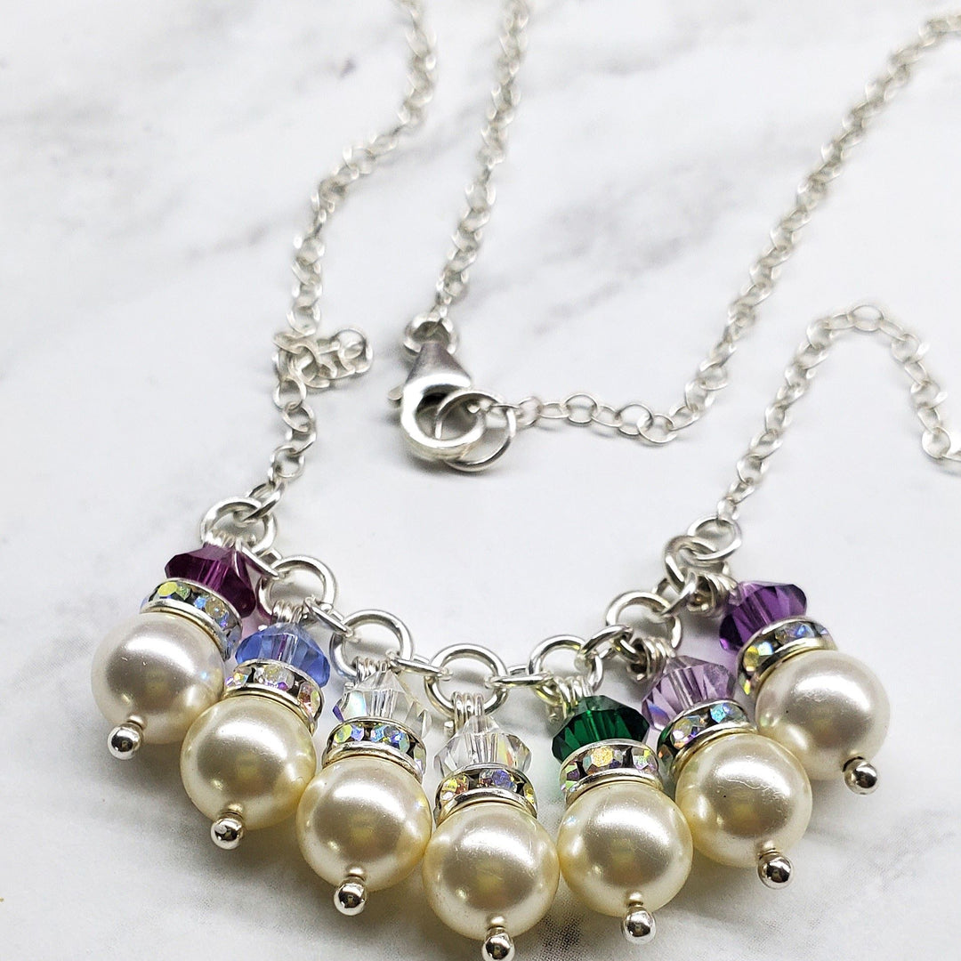 Customizable Sterling Silver Pearl Crystal Birthstone Necklace