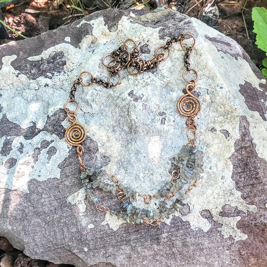 Multi Strand Labradorite Chip Copper Swirls Necklace