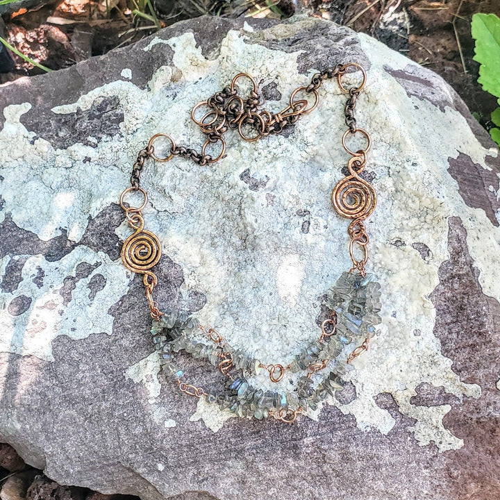 Multi Strand Labradorite Chip Copper Swirls Necklace
