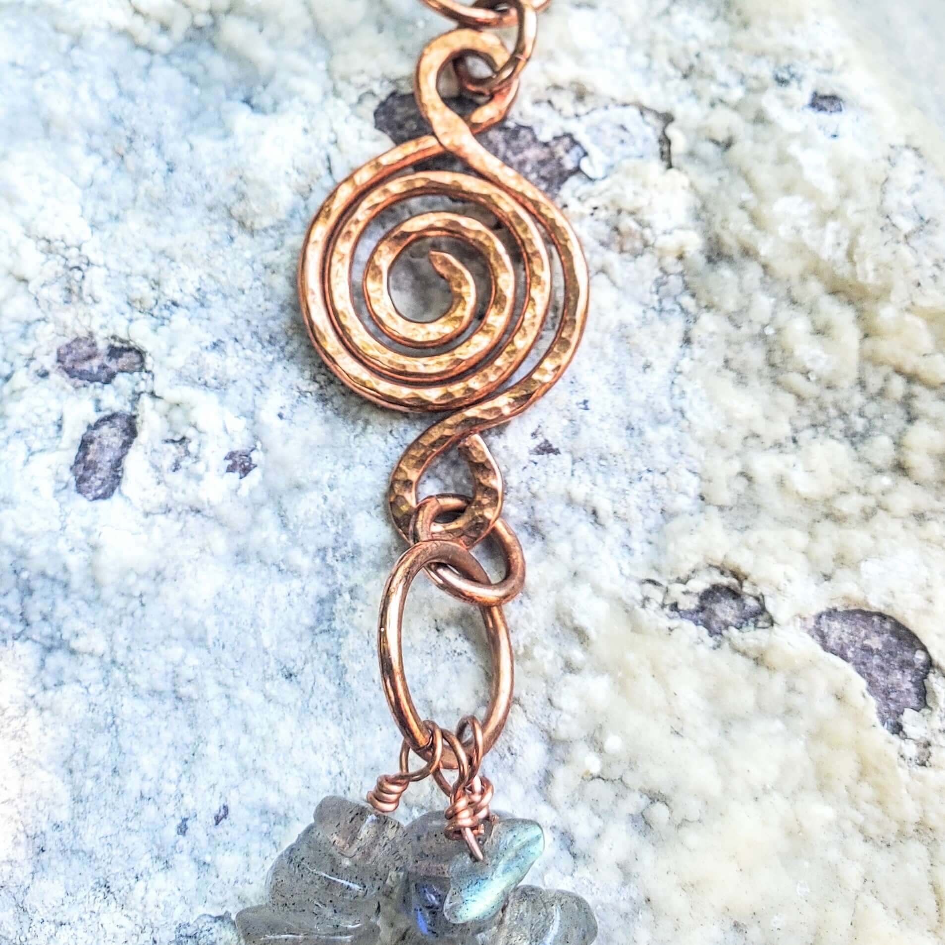 Multi Strand Labradorite Chip Copper Swirls Necklace
