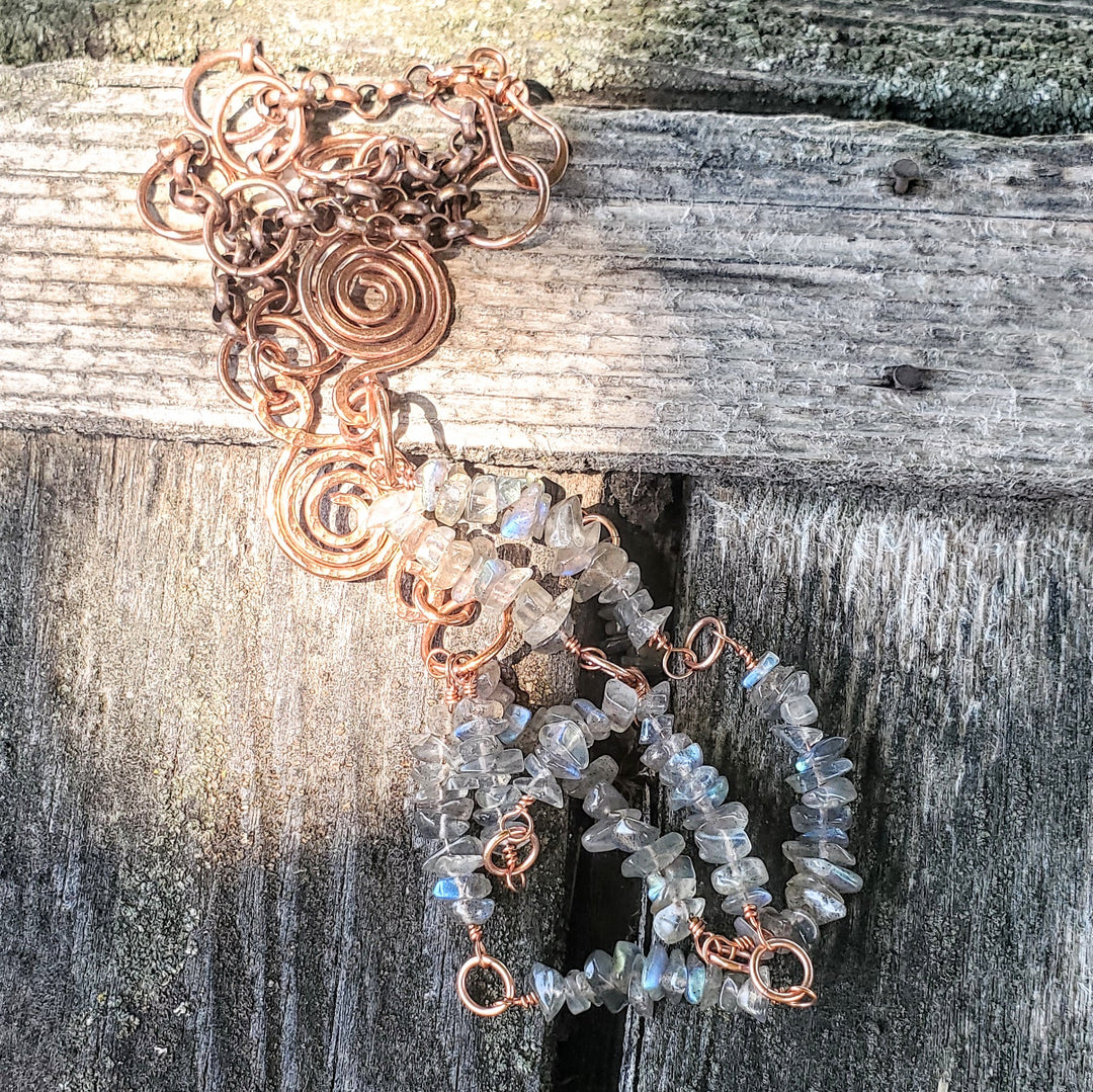 Multi Strand Labradorite Chip Copper Swirls Necklace