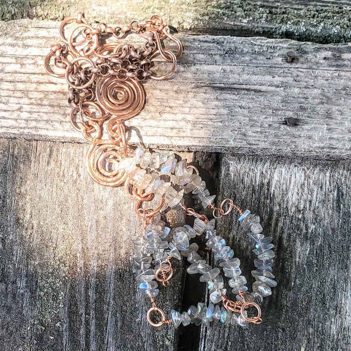 Multi Strand Labradorite Chip Copper Swirls Necklace