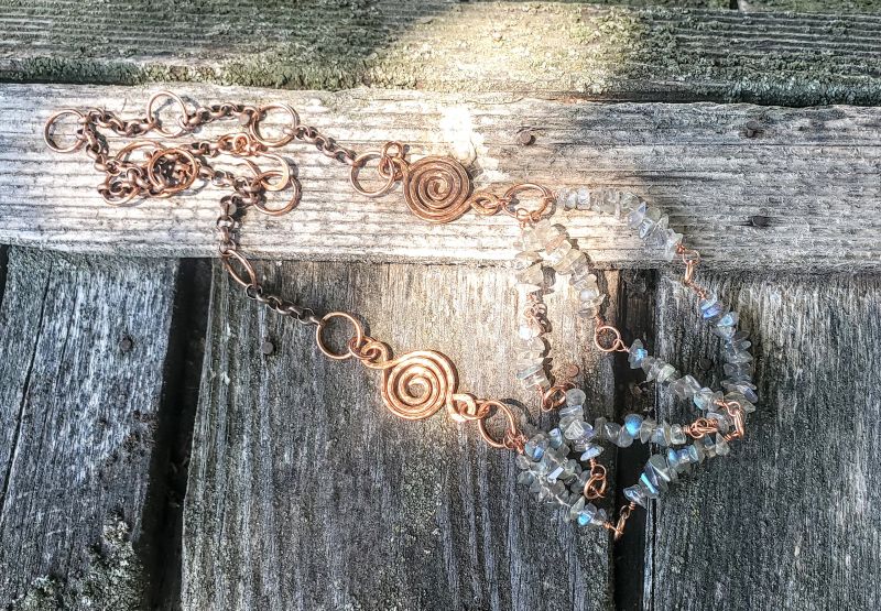 Multi Strand Labradorite Chip Copper Swirls Necklace