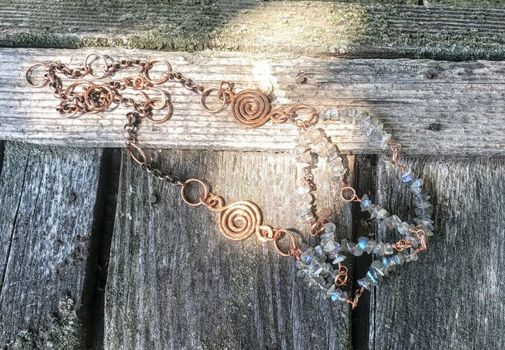 Multi Strand Labradorite Chip Copper Swirls Necklace
