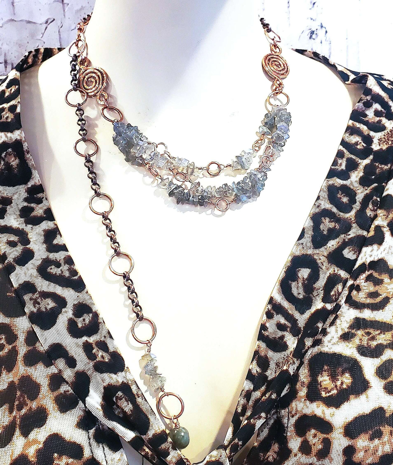 Multi Strand Labradorite Chip Copper Swirls Necklace