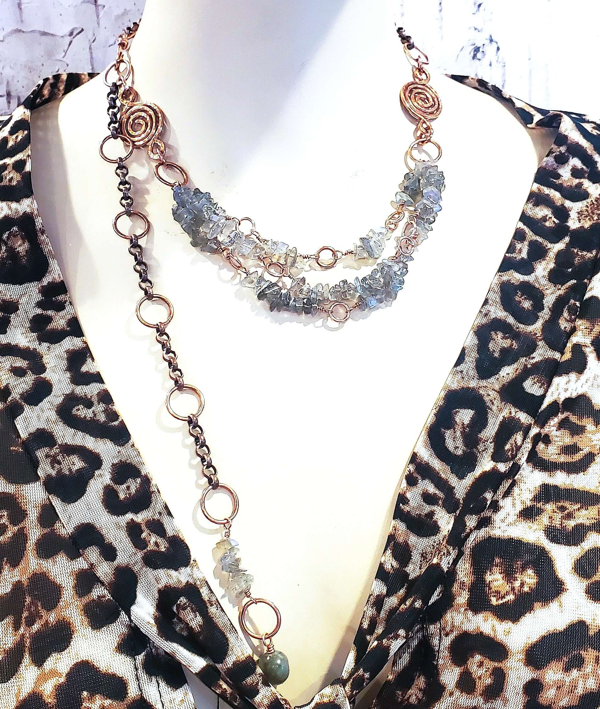 Multi Strand Labradorite Chip Copper Swirls Necklace