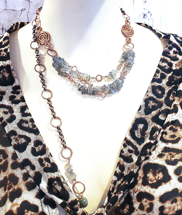 Multi Strand Labradorite Chip Copper Swirls Necklace