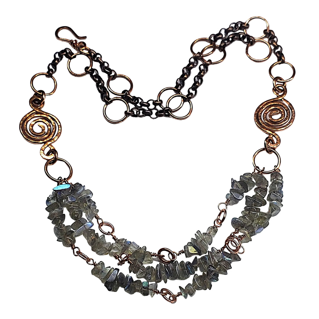 1377 Multi  Strand Labradorite Chip Copper Swirls Necklace by Aexa Martha