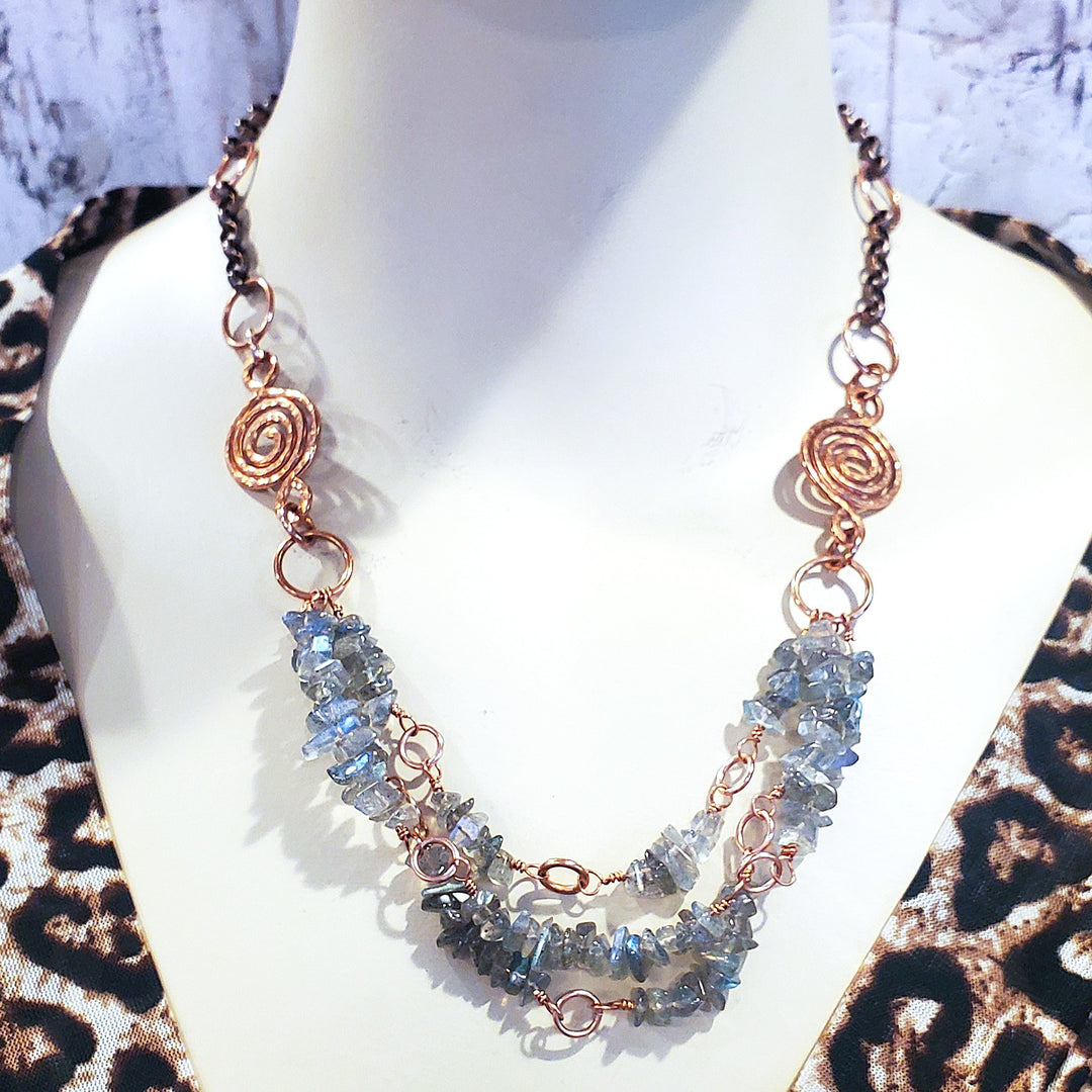 Multi Strand Labradorite Chip Copper Swirls Necklace