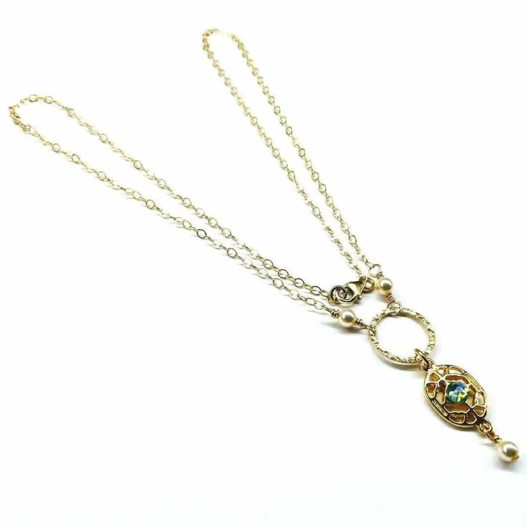 14 K Gold-Filled Hammered Open Circle Filigree Necklace featuring delicate chains and intricate design.