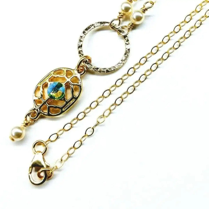 14 K Gold-Filled Hammered Open Circle Filigree Necklace showcasing intricate design and colorful gemstone accents.