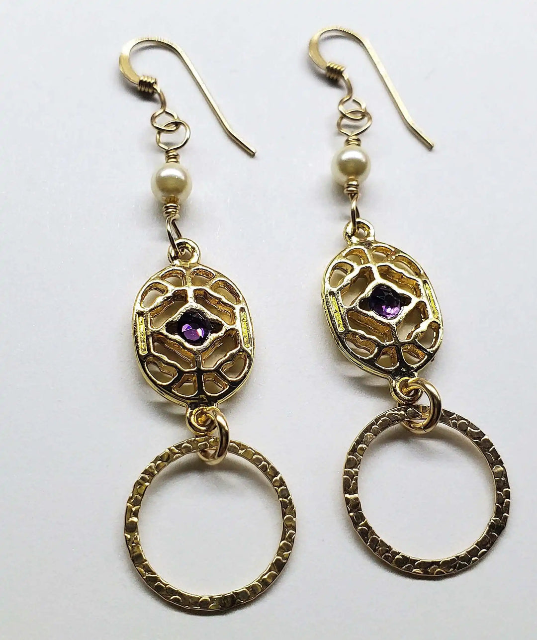 14 K Gold Filled Purple Crystal Circle Filigree Earrings with elegant design and pearl accents