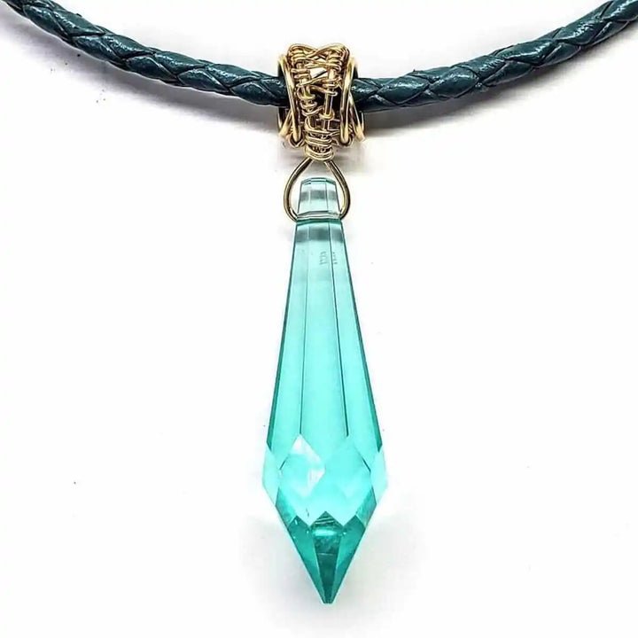 Gold Filled Aqua Crystal Choker Necklace featuring a stunning aqua crystal pendant on a braided leather chain.