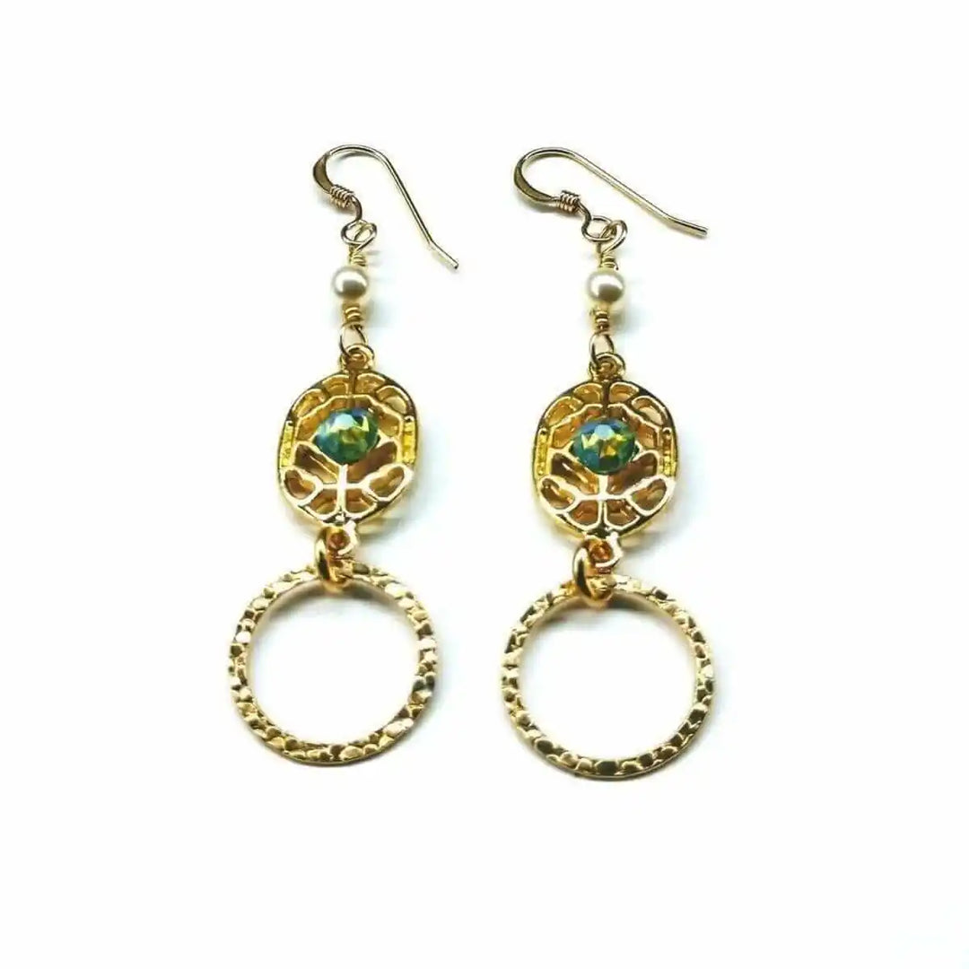 14 KT Gold Filled Green Crystal Circle Filigree Earrings with handmade design and sparkling crystals